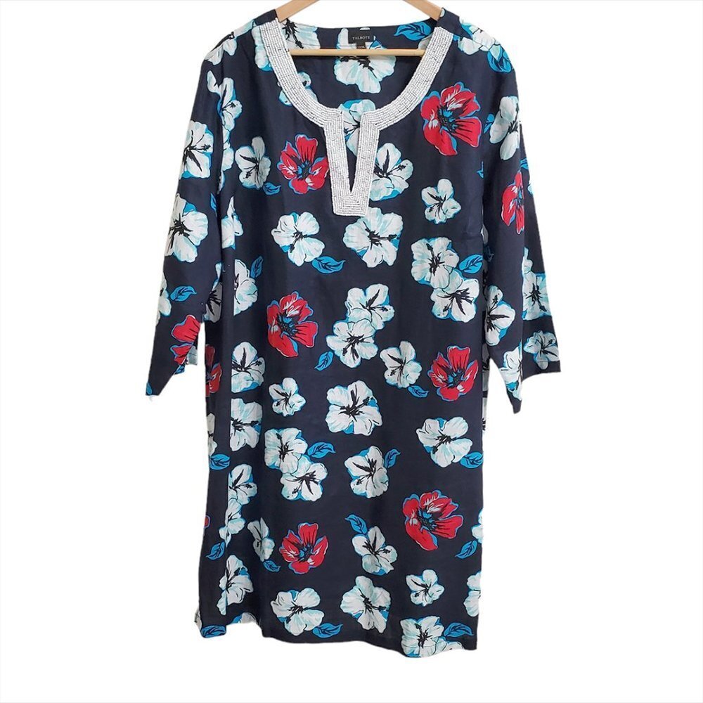 % Talbots XXXL Linen Beaded Neck Tunic Dress